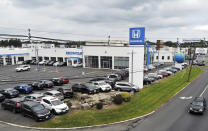 This Sept. 2, 2018, photo shows new cars for sale at a Honda dealership in Union, NJ. When U.S. President Donald Trump visits Japan, he’ll be able to point to Tokyo’s streets to drive home a sore point in trade relations between the allies: the absence of made-in-USA vehicles. While Trump complained repeatedly about the trade imbalance, especially in autos and auto parts - the Hondas and Toyotas on U.S. roads are a daily reminder. (AP Photo/Ted Shaffrey)