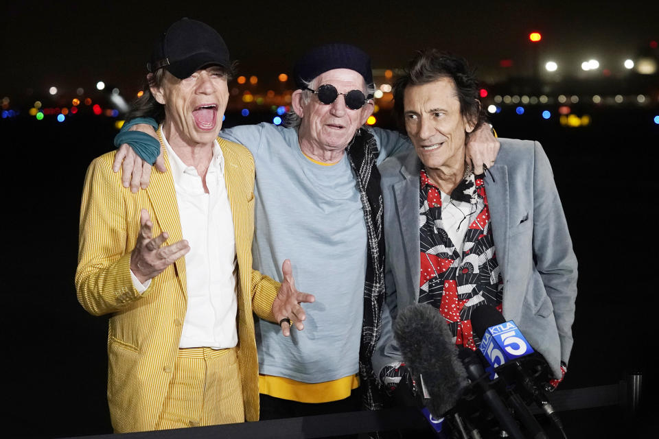 <p>Mick Jagger, Keith Richards and Ronnie Wood of The Rolling Stones field questions from reporters ahead of their No Filter tour in Inglewood, California on Oct. 11.</p>