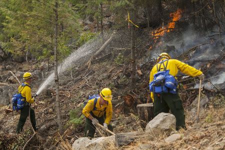 Firefighters from the Washington National Guard battle the First Creek Fire in Chelan, Washington August 18, 2015. REUTERS/David Ryder