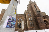 A flyer for Kream Kalari and GloRilla hangs on a post outside of the Main Street Armory on Monday, March 6, 2023, in Rochester, N.Y. (AP Photo/Lauren Petracca)