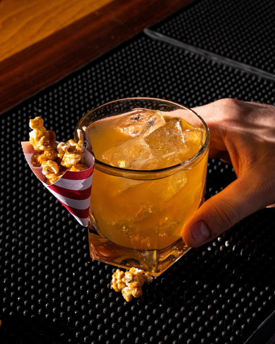 The Redenbacher is comprised of sous-vide popcorn, butter-washed bourbon and cocchi Torino, stirred with a salt solution, brown butter syrup and bitters.