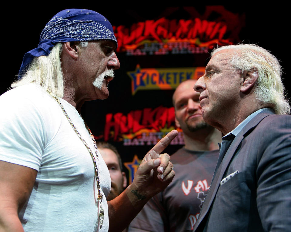 <p>Hulk Hogan and Ric Flair become involved in an altercation during a press conference for ‘Hulkamania – Let The Battle Begin’ at Star City on November 18, 2009 in Sydney, Australia. (Photo by Don Arnold/WireImage) </p>