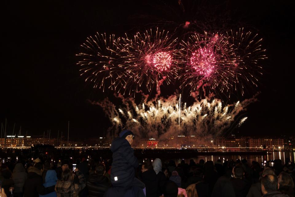 Fireworks illuminate the sky in bay of Geneva during New Year celebrations in Geneva, Switzerland, Monday, 1 January 2024 (AP)