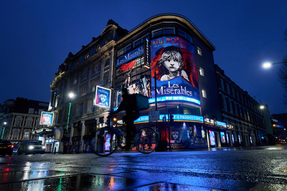 The closed Sondheim Theatre is lit up for the show Les Miserables in London's West End, during England's third national lockdown to curb the spread of coronavirus.