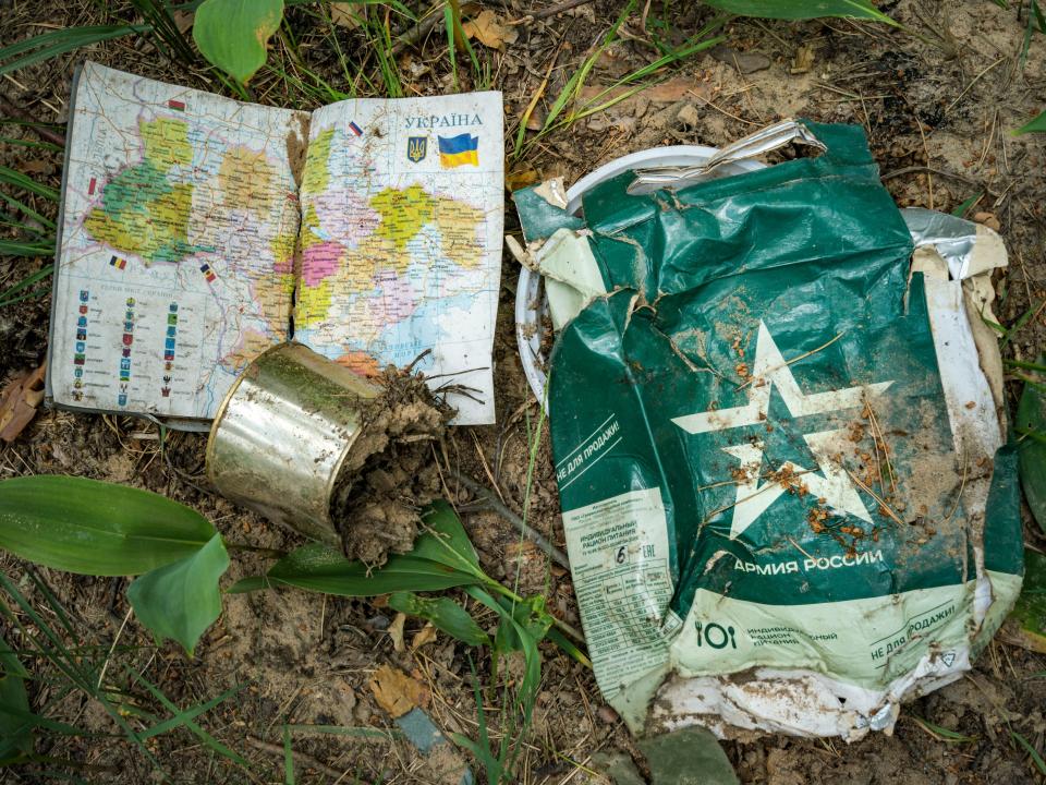 Remains of a food bag of the russian army and a map of Ukraine in the forests near Buda Babynetska village. Russian troops occupied large extensions of the forests near Kiev where they were based. Many equipment and personal goods was abandoned during their withdrawal of the zone.