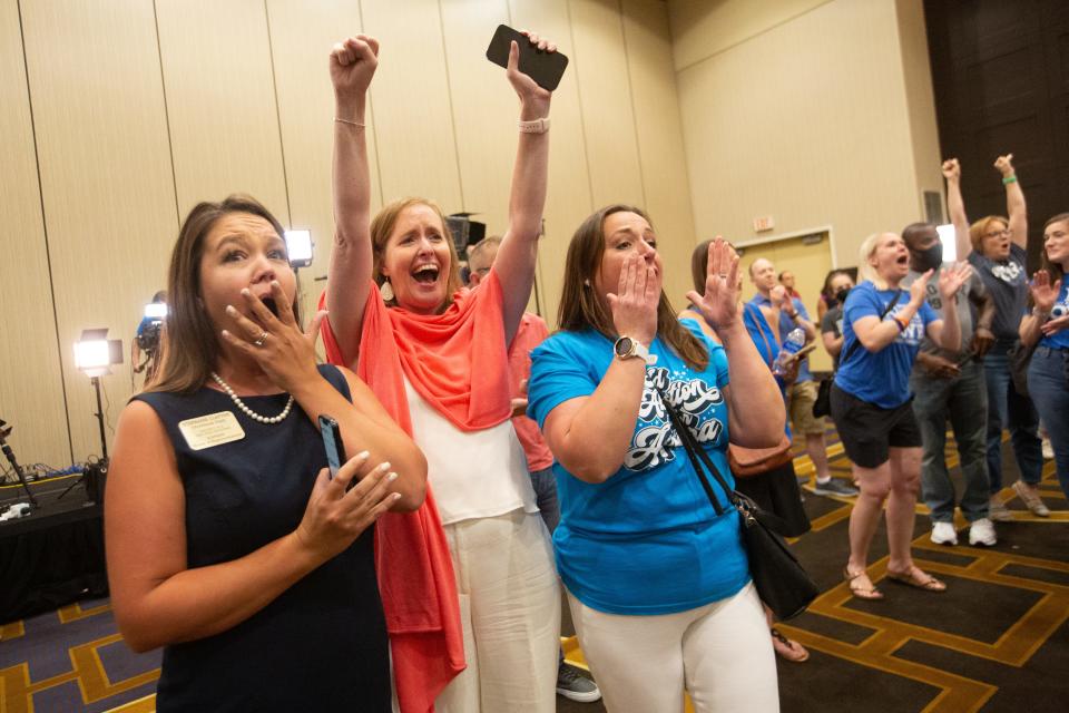 From left, Rep. Stephanie Clayton, D-Overland Park, Sen. Dinah Sykes, D-Lenexa, and Amber Rueska celebrate after seeing Kansas voters reject an abortion constitutional amendment during a watch party in Overland Park.