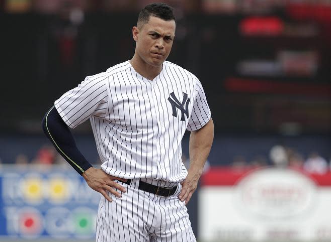 August 22, 2018: New York Yankees right fielder Giancarlo Stanton (27)  during a MLB game between the New York Yankees and the Miami Marlins at the  Marlins Park in Miami, Florida. The