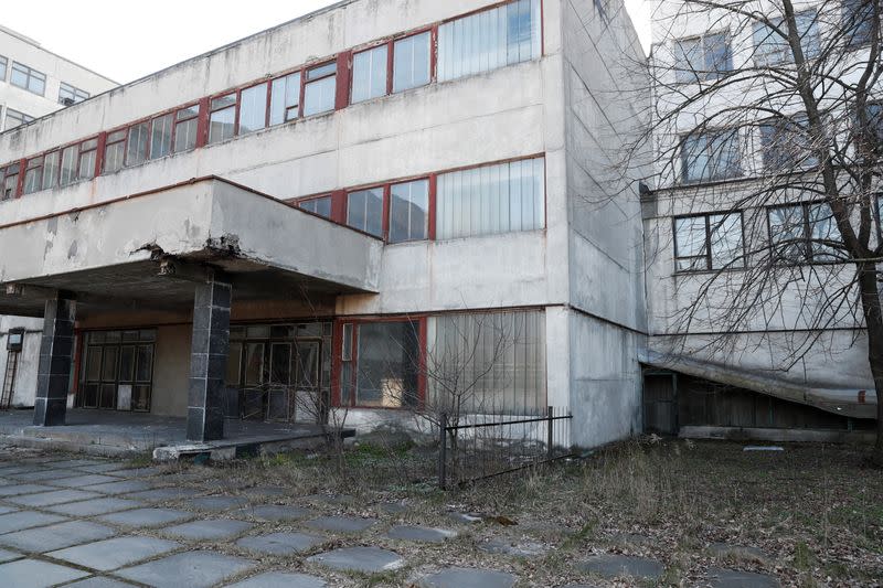 An exterior view shows the disused Burevisnyk state-run military plant in Kiev