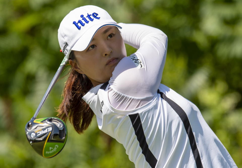 Jin Young Ko of South Korea watches her tee shot on the ninth hole during the final round of the CP Women's Open in Aurora, Ontario, Sunday, Aug. 25, 2019. (Frank Gunn/The Canadian Press via AP)