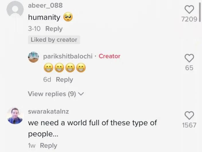A screenshot from Balochi's comment section on TikTok