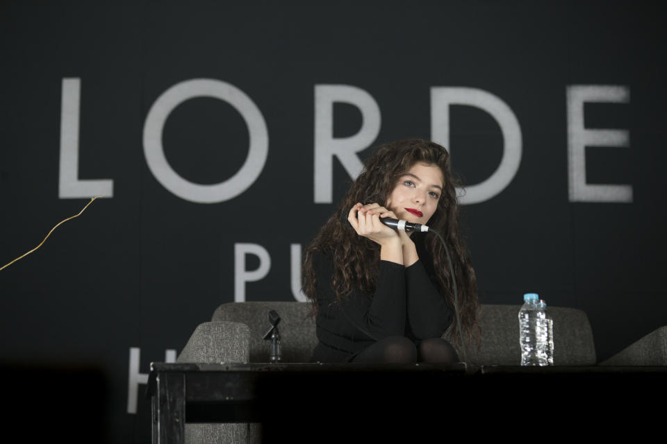 New Zealand's singer-songwriter Lorde answers questions from the press ahead of her performance in Mexico City, Mexico, Wednesday, April 9, 2014. The 17-year-old was named as a finalist in 12 categories for the Billboard Music Awards, announced on Wednesday, ahead of the May 18 awards ceremony. (AP Photo/Rebecca Blackwell)