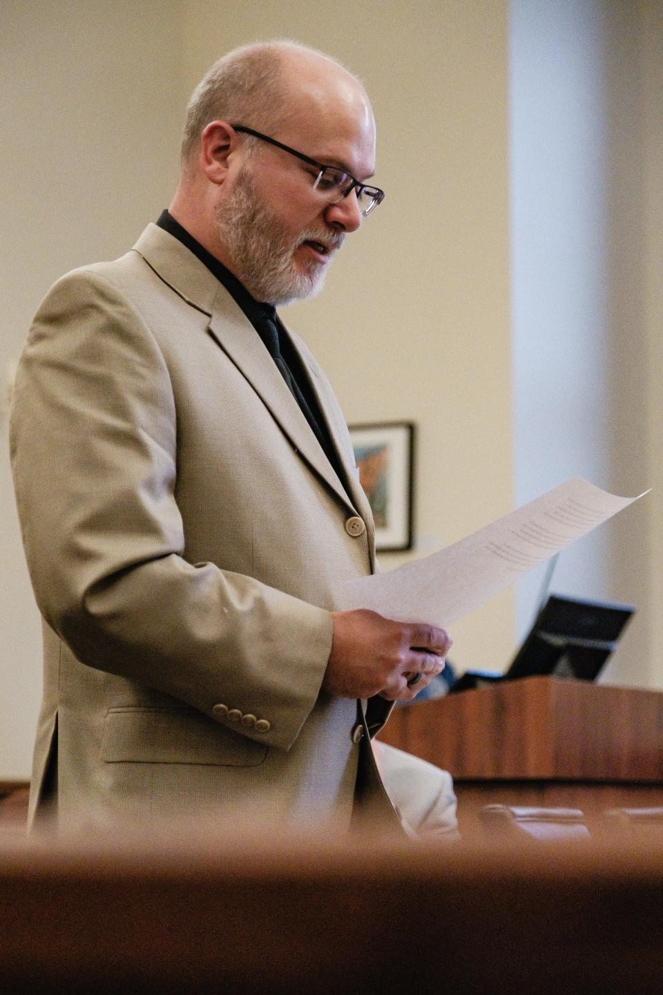 Jeffrey Stearns reads a statement during his sentencing hearing before Judge Michael Ernest Friday, at the Tuscarawas County Courthouse.