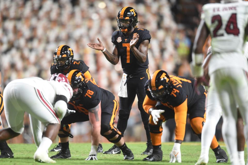 Tennessee quarterback Joe Milton III (7) is seen on the field during a football game between Tennessee and South Carolina at Neyland Stadium in Knoxville, Tenn., on Saturday, Sept. 30, 2023. Tennessee defeated South Carolina.