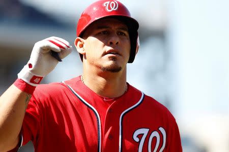 Aug 23, 2015; Washington, DC, USA; Washington Nationals catcher Wilson Ramos (40) celebrates after hitting a home run against the Milwaukee Brewers in the fifth inning at Nationals Park. Mandatory Credit: Geoff Burke-USA TODAY Sports