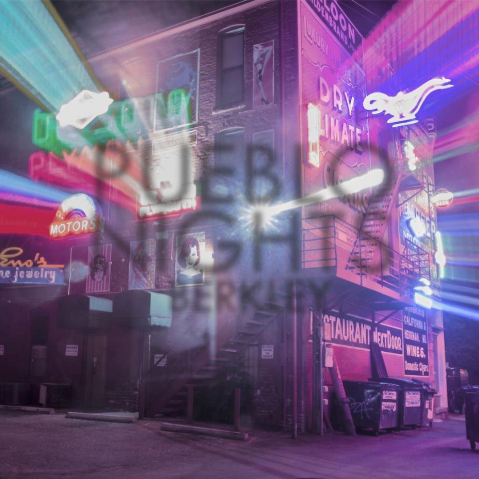 Art cover for the song 'Pueblo Nights' from the album 'Pueblo.' A photo of Pueblo's Neon Alley can be seen in the cover.