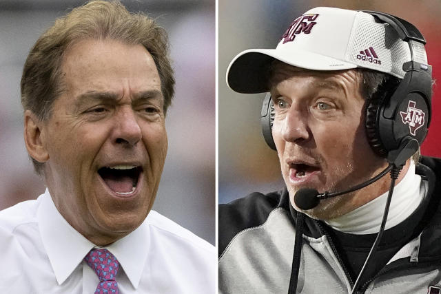 FILE - At left, Alabama head coach Nick Saban yells to the sideline during the first half of Alabama's NCAA college football scrimmage, Saturday, April 16, 2022, in Tuscaloosa, Ala. At right, Texas A&M coach Jimbo Fisher reacts to an official's call during the second half of the team's NCAA college football game against Mississippi, Saturday, Nov. 13, 2021, in Oxford, Miss. Texas A&M coach Jimbo Fisher called Nick Saban a “narcissist” Thursday, May 19, 2022. after the Alabama coach made “despicable” comments about the Aggies using name, image and likeness deals to land their top-ranked recruiting classes. Saban called out Texas A&M on Wednesday night for “buying” players. (AP Photo/File)