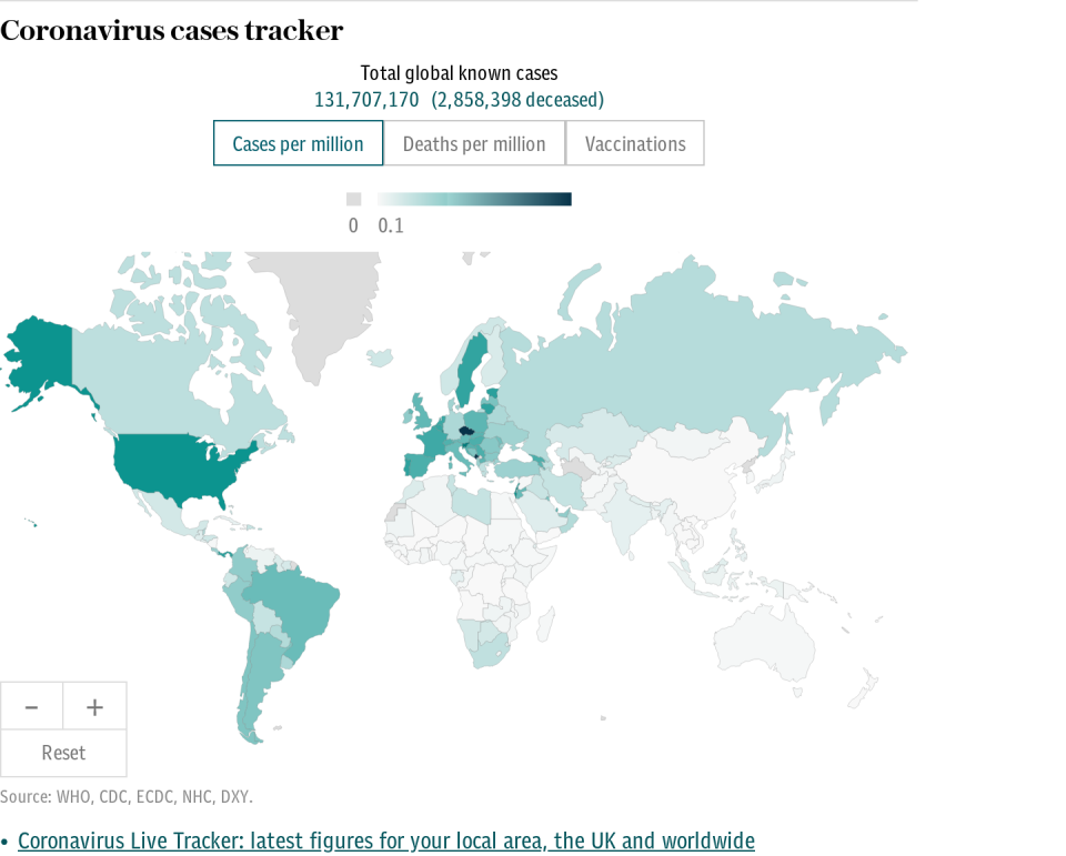 Cases, deaths and vaccinations, coronavirus world map