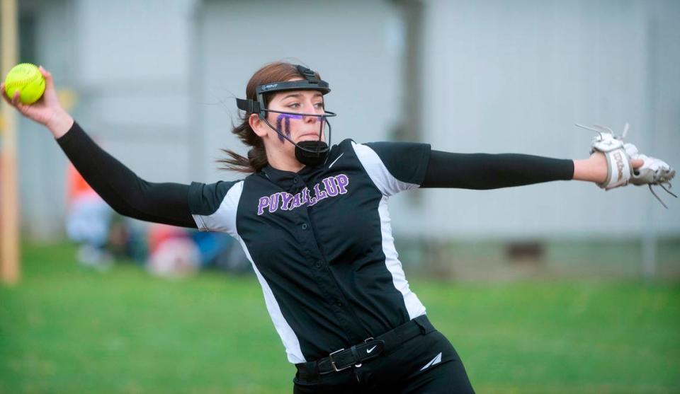 Puyallup pitcher Izzy Welch delivers to a Sumner batter during the Vikings’ fastpitch game against the Sumner Spartans at Puyallup High School in Puyallup, Washington, on Wednesday, April 27, 2022.