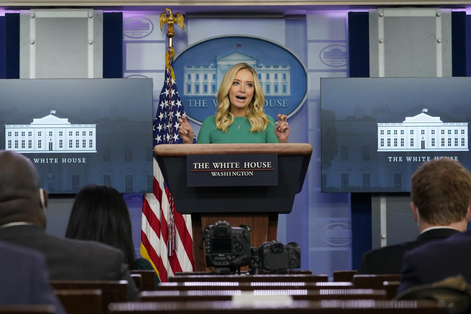 White House press secretary Kayleigh McEnany speaks during a briefing at the White House in Washington, Friday, Nov. 20, 2020. (AP Photo/Susan Walsh)