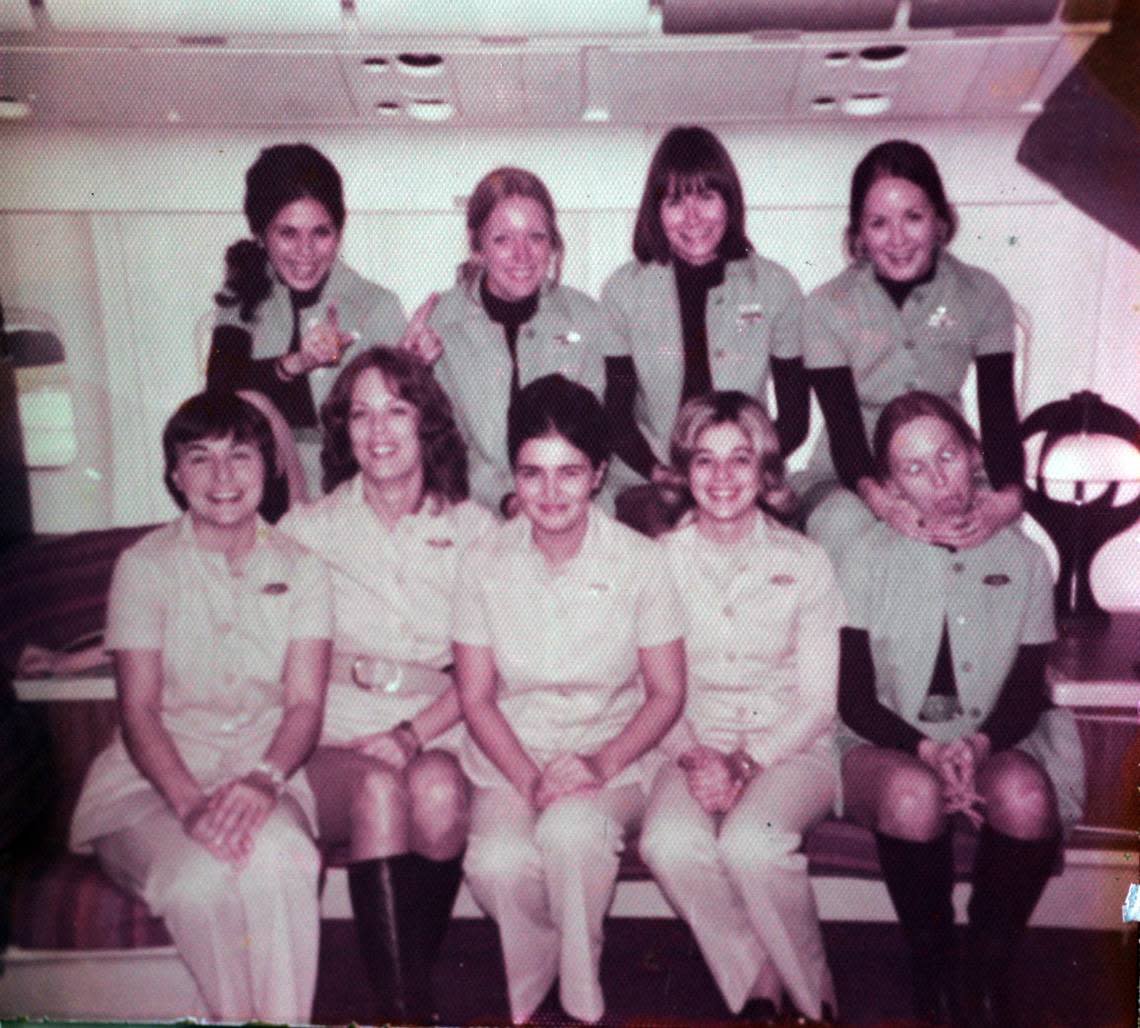 A photo of flight attendants taken the morning before Eastern Airlines Flight 401. Top row, from left: Mercy Ruiz, Sue Tebbs, Adrianne Hamilton and Trudy Smith. Bottom row, from left: Dottie Warnock, Patricia Ghysells (died), Beverly Raposa, Patty George and Stephanie Stanich (died). The plane crashed Dec. 29, 1972, killing 101 people. Dozens survived.