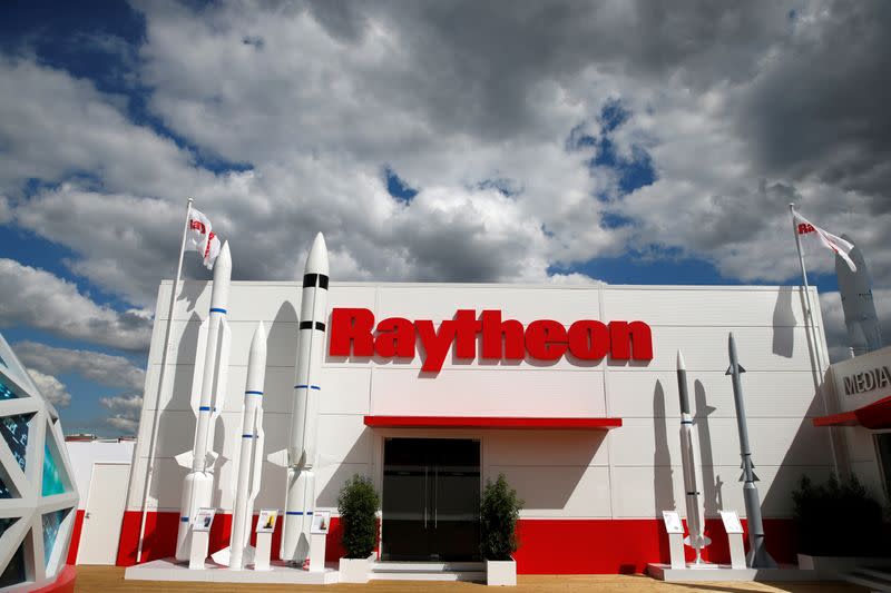 The Raytheon stand is seen at the 53rd International Paris Air Show at Le Bourget Airport near Paris