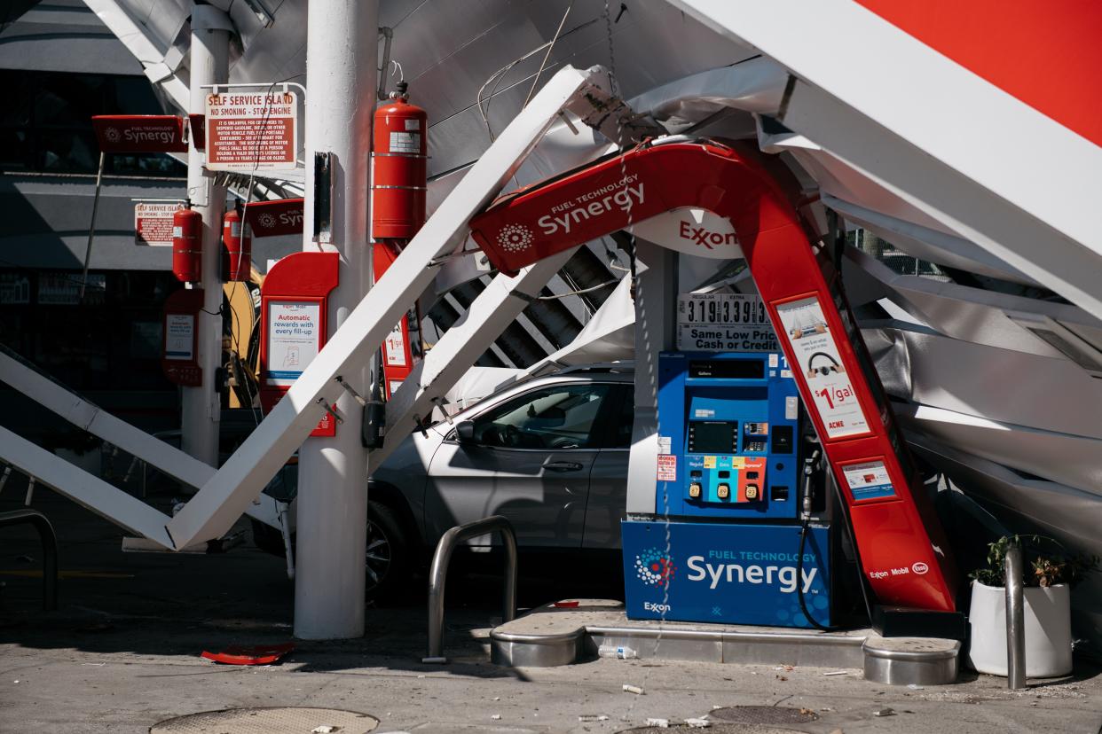A gas station in the Whitestone neighborhood of Queens was heavily damaged after a night of extremely heavy rain and wind on Sept. 2, 2021 in New York City.