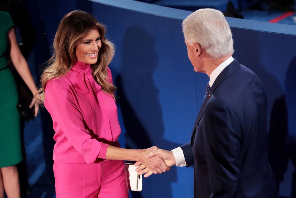 <p>The First Lady wore this blush tone Gucci ensemble to meet former President Bill Clinton in October 2016.</p>