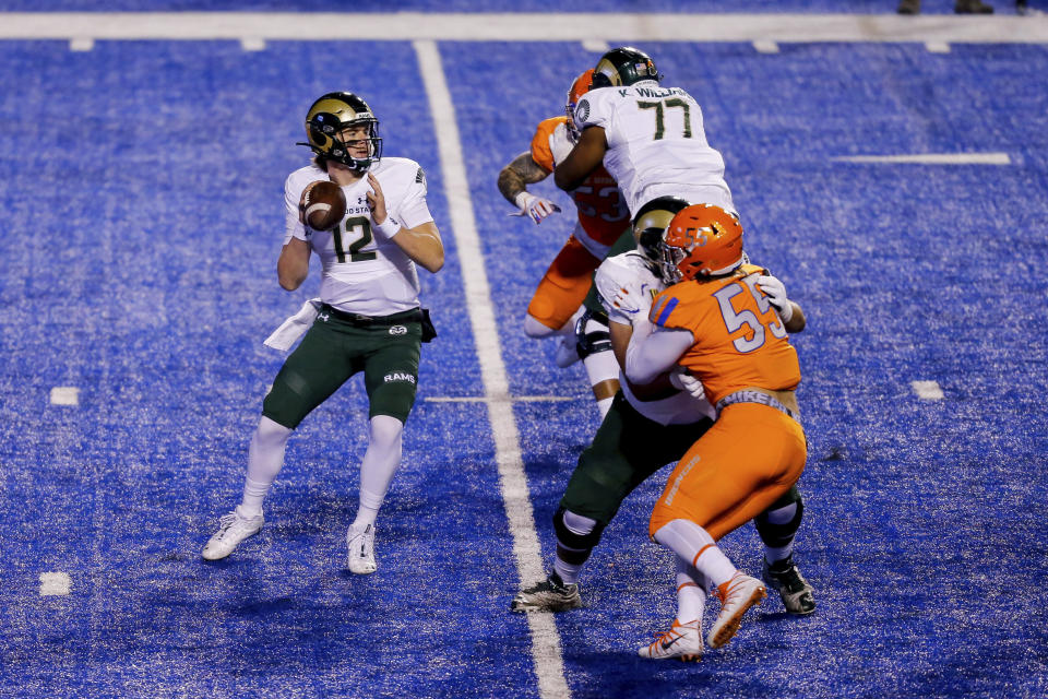 Colorado State quarterback Patrick O'Brien (12) struggled against Boise State. (AP Photo/Steve Conner)