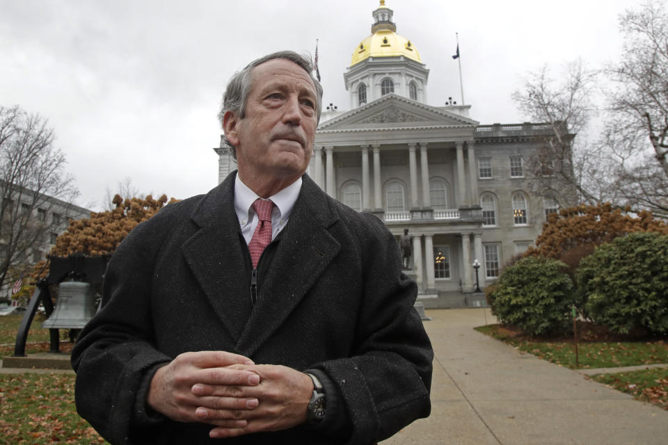 Republican presidential candidate former South Carolina Gov. Mark Sanford speaks during a news conference in front of the Statehouse, Tuesday, Nov. 12, 2019, in Concord, N.H., where he announced he is ending his longshot 2020 presidential bid. Sanford centered his Republican primary challenge to President Donald Trump on warnings about the national debt. But he struggled to gain traction since announcing his run in September. (AP Photo/Elise Amendola)