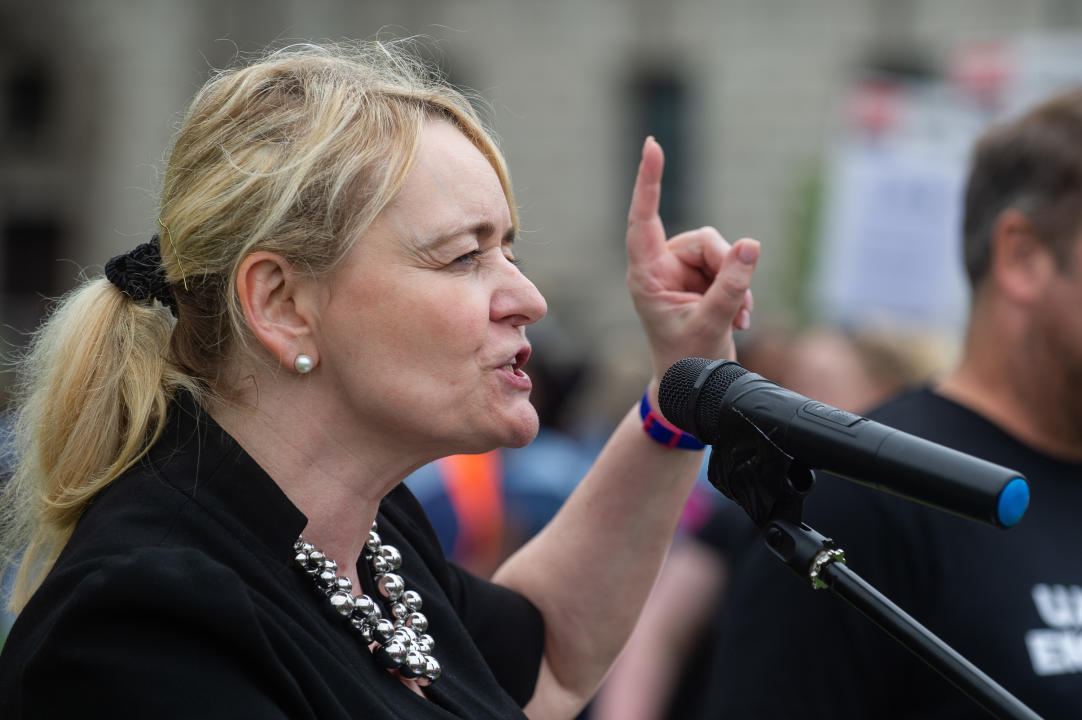 LONDON, ENGLAND - JUNE 28: Sharon Graham General Secretary of the UNITE trade union addresses her members from the steel industry in Parliament square on June 28, 2023 in London, England. Steelworkers and union officials marched down Whitehall and outside the Houses of Parliament to demand more support for the British steel industry. (Photo by Guy Smallman/Getty Images)