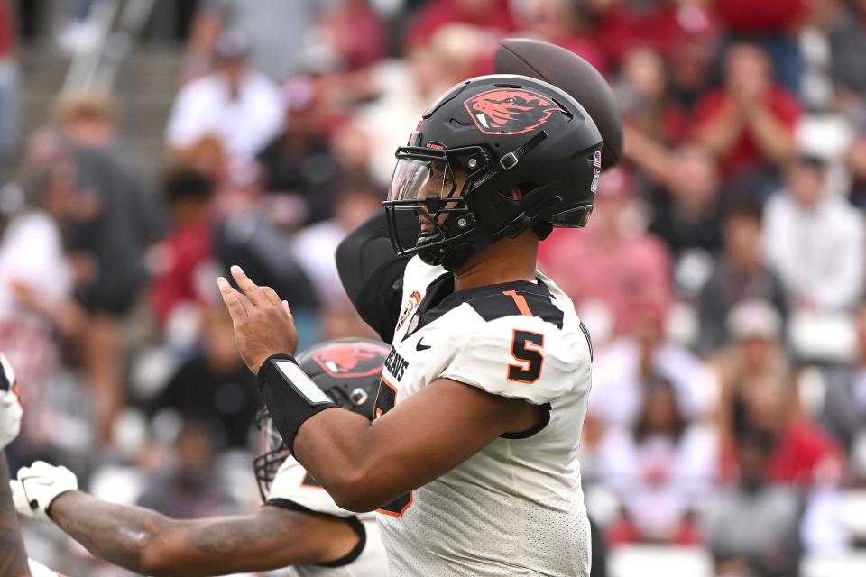 Oregon State Beavers quarterback DJ Uiagalelei (5) throws a pass against the Washington State Cougars in the first half at Gesa Field at Martin Stadium Sept. 23 in Pullman, Washington.