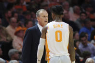 Tennessee head coach Rick Barnes speaks with Tennessee guard Jordan Bone in the first half of an NCAA college basketball game against Alabama, Saturday, Jan. 19, 2019, in Knoxville, Tenn. (AP Photo/Shawn Millsaps)