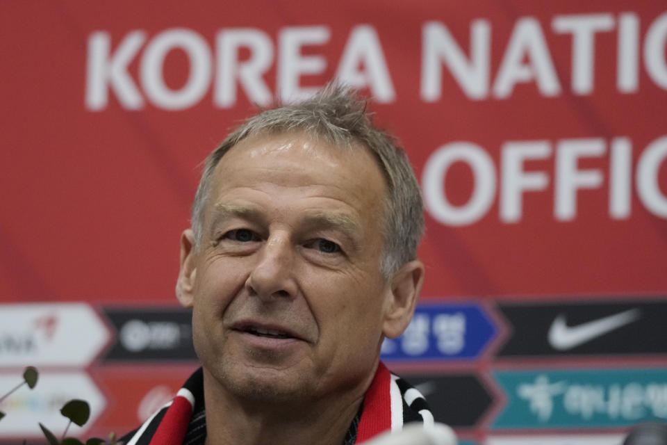 South Korea's new national soccer team head coach Jurgen Klinsmann speaks during a press conference at the Incheon International Airport in Incheron, South Korea, Wednesday, March 8, 2023. Klinsmann, who won the World Cup as a player with West Germany in 1990, replaces Paulo Bento. The Portuguese coach left the team after leading South Korea to the second round at last year's World Cup in Qatar. (AP Photo/Ahn Young-joon)
