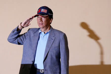 FILE PHOTO: Foxconn Technology Group founder and chairman, Terry Gou, speaks during a news conference after his trip to the U.S., in Taipei, Taiwan May 6, 2019. REUTERS/Tyrone Siu/File Photo