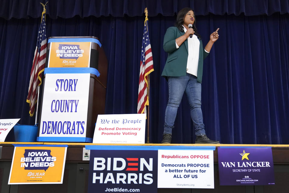 Iowa Democratic gubernatorial candidate Deidre DeJear speaks at the Story County Democrats Super Soup Fundraiser, Saturday, March 12, 2022, in Nevada, Iowa. (AP Photo/Charlie Neibergall)