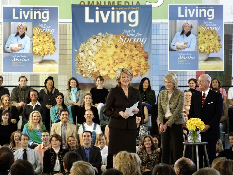 Martha Stewart meets with her magazine staff as she arrives on her first day back to work at Martha Stewart Living Offices in March 2005.