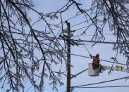 A Toronto Hydro workman knocks ice off a frozen power line following an ice storm in Toronto, December 23, 2013. REUTERS/Gary Hershorn (CANADA - Tags: ENVIRONMENT ENERGY)