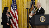 President Joe Biden talks about his nomination of Julie Sul left, to serve as the Secretary of Labor during an event in the East Room of the White House in Washington, Wednesday, March 1, 2023. (AP Photo/Susan Walsh)