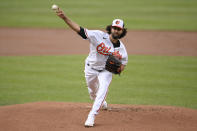 Baltimore Orioles starting pitcher Jorge Lopez delivers the first inning of a baseball game against the Houston Astros, Tuesday, June 22, 2021, in Baltimore. (AP Photo/Nick Wass)