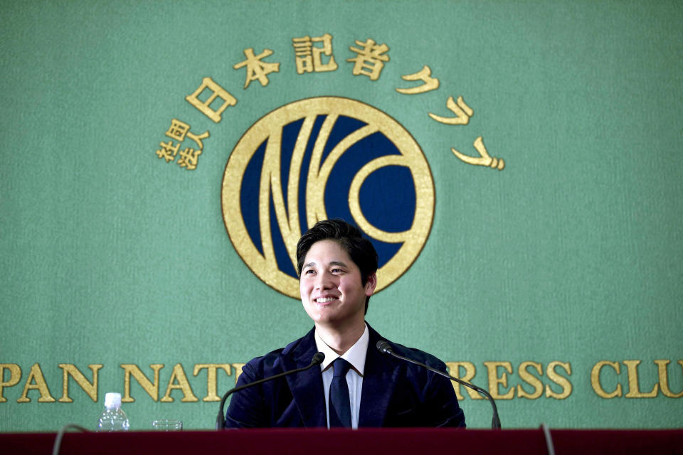 Los Angeles Angels two-way player Shohei Ohtani smiles during a press conference in Tokyo, Thursday, Nov. 22, 2018. Ohtani returned home after being picked for American League Rookie of the Year. (Tsuyoshi Ueda/Kyodo News via AP)