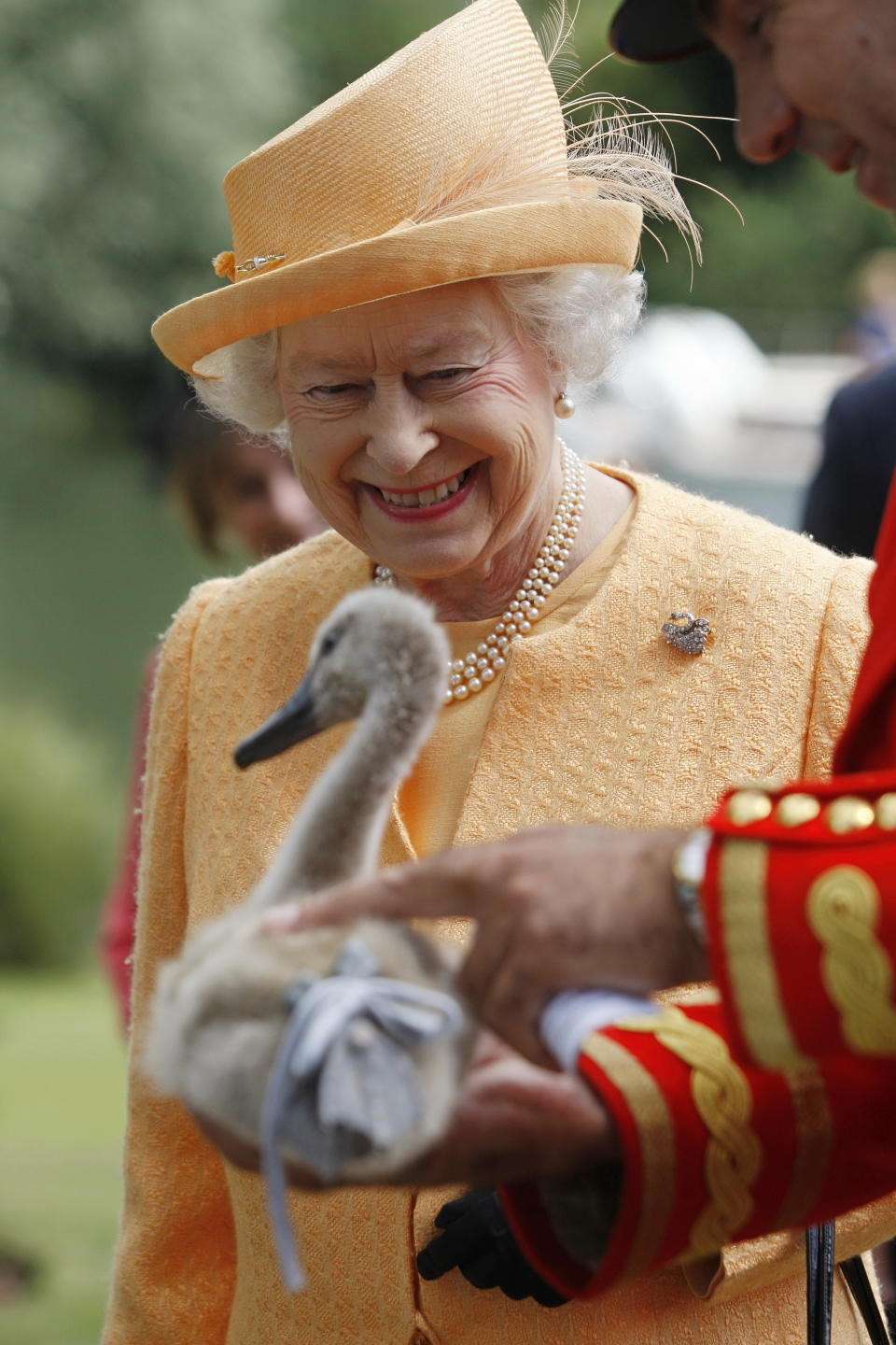 Britain's Queen Elizabeth II smiles as she is shown an orphaned cygnet at Oakley Court, on the River Thames, west of London, on July 20, 2009, during a swan counting census. The Queen witnessed the ancient ritual of her swans being counted on the River Thames Monday for the first time. AFP Photo/Sang Tan/WPA POOL (Photo credit should read SANG TAN/AFP via Getty Images)