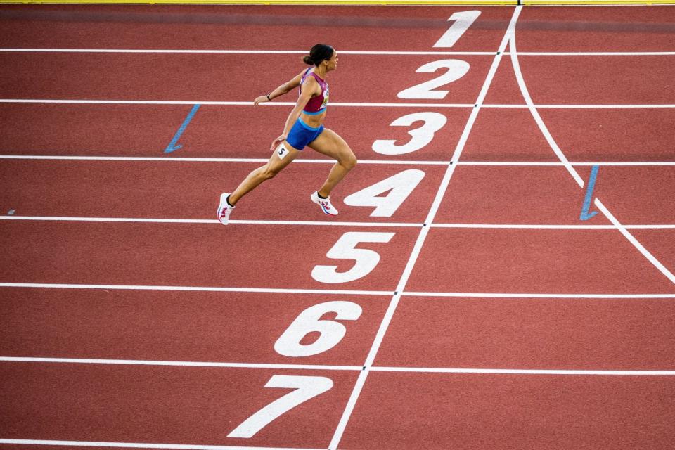 Mandatory Credit: Photo by Shutterstock (13044574aa) US Sydney McLaughlin pictured in action during the women's 400m hurdles race, at the 19th IAAF World Athletics Championships in Eugene, Oregon, USA, Friday 22 July 2022. The Worlds are taking place from 15 to 24 July, after being postponed in 2021 due to the ongoing corona virus pandemic. Athletics World Championships Friday, Eugene, United States - 22 Jul 2022