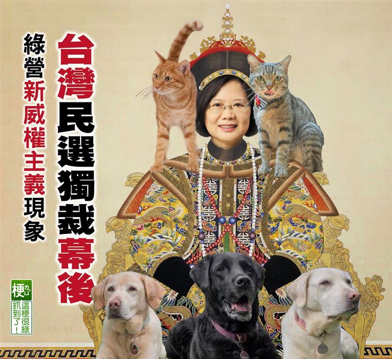 網友製作梗圖，笑稱這才是「台灣民選獨裁幕後」。(圖/翻攝自臉書粉專「抓到了！這梗很綠」)