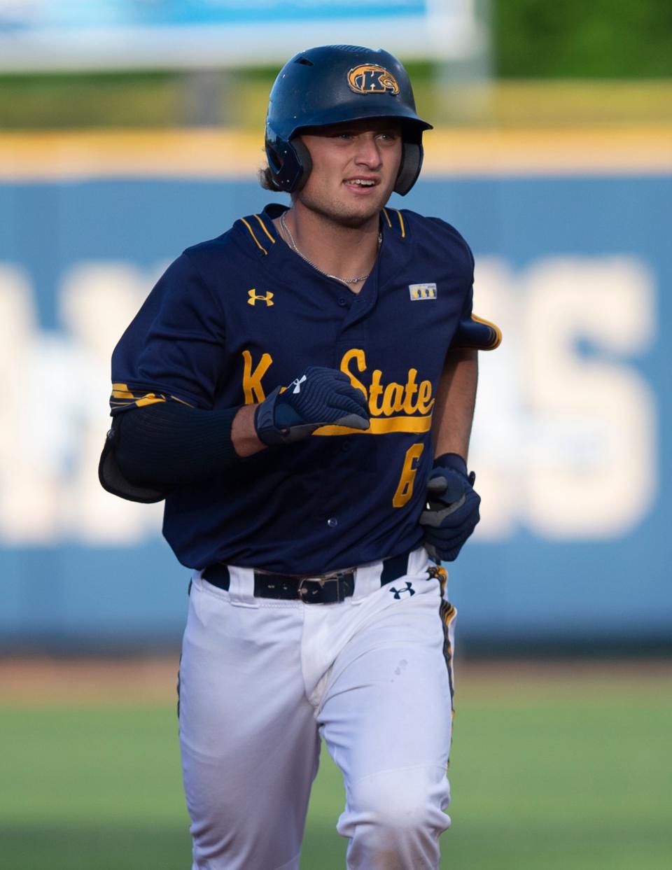 Justin Miknis of Kent State heads to third base after hitting a home run in a home game against Georgia Tech at Schoonover Stadium on May 17, 2022.