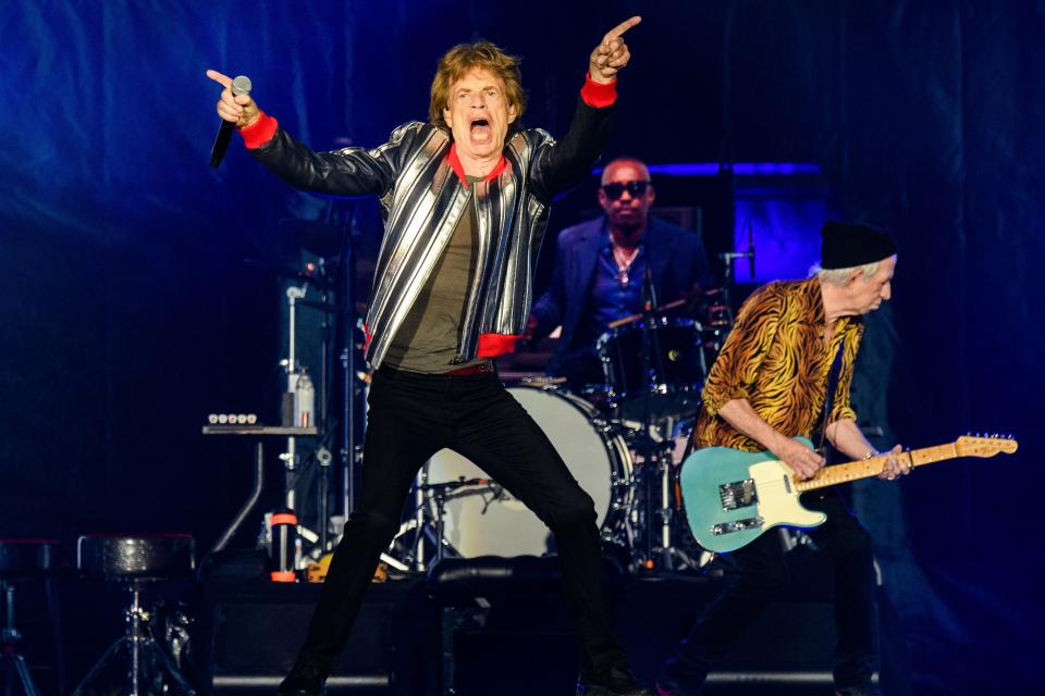 Mick Jagger, from left, Steve Jordan and Keith Richards of the Rolling Stones perform during the "No Filter" tour at The Dome at America's Center, Sunday, Sept. 26, 2021, in St. Louis. (