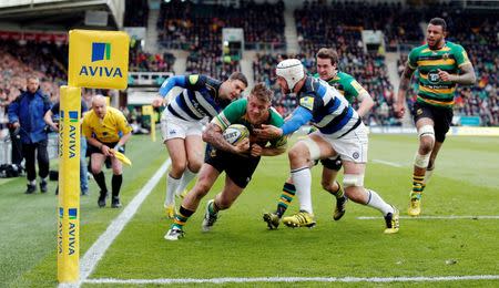 Britain Rugby Union - Northampton Saints v Bath Rugby - Aviva Premiership - Franklin's Gardens - 30/4/16 Northampton Saints' Teimana Harrison scores his sides first try Mandatory Credit: Action Images / Andrew Couldridge