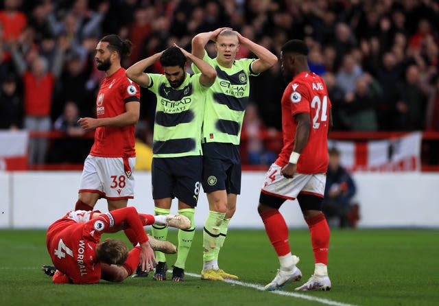 City’s Erling Haaland and Ilkay Gundogan rue a missed chance during the match against Forest (Bradley Collyer/PA)