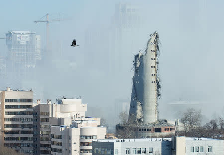 A bird flies near the unfinished and abandoned TV tower shortly after a controlled demolition in Yekaterinburg, Russia March 24, 2018. REUTERS/Alexei Kolchin