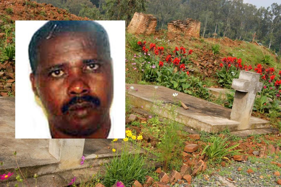 An image of Rwandan genocide suspect Fulgence Kayishema from the International Criminal Tribunal for Rwanda is seen superimposed over a photo showing a mass grave and, in  the background, the ruins of the church of Notre Dame de la Visitation in  Nyange, Rwanda, where some 2,000 Tutsi women, men and children were killed in a slaughter allegedly orchestrated by Kayishema. / Credit: Getty/ICTR/CBS News