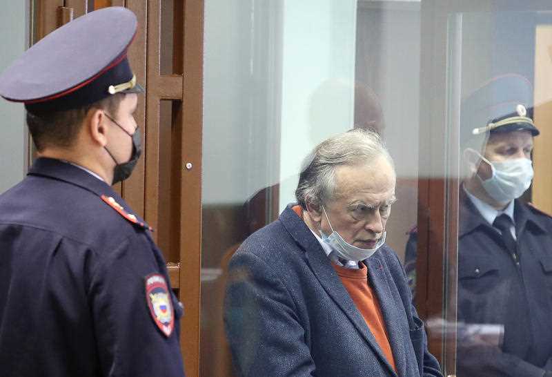 Oleg Sokolov, former St Petersburg State University history professor, attends an offsite Oktyabrsky District Court session at the St Petersburg City Court on charges of murdering his postgraduate student, 24-year-old Anastasia Yeshchenko.